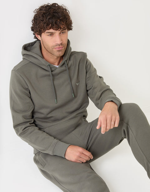 Threadbare Cotton Rich Overhead Hoodie in Dark Sage - sat down