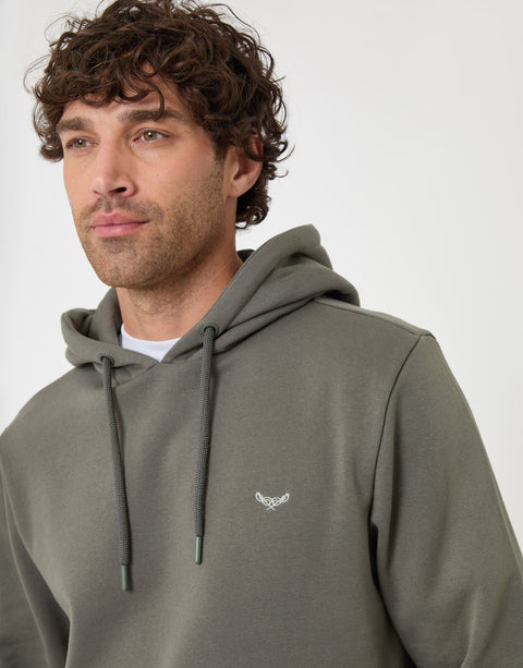 Threadbare Cotton Rich Overhead Hoodie in Dark Sage - close up