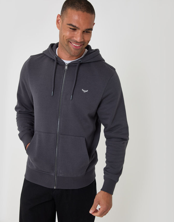 Threadbare Cotton Rich Zip Through Hoodie in Charcoal - front view zipped