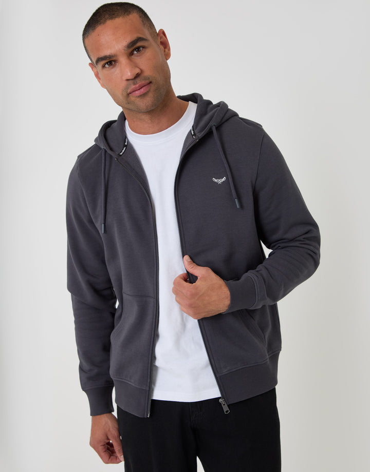 Threadbare Cotton Rich Zip Through Hoodie in Charcoal - front view unzipped