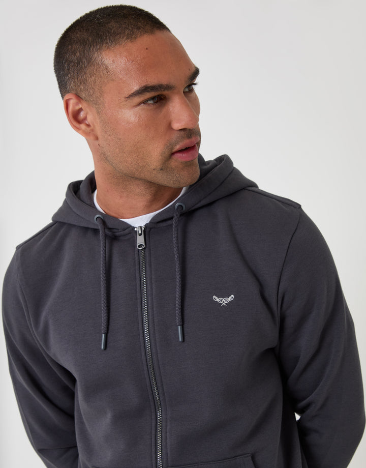 Threadbare Cotton Rich Zip Through Hoodie in Charcoal - close up