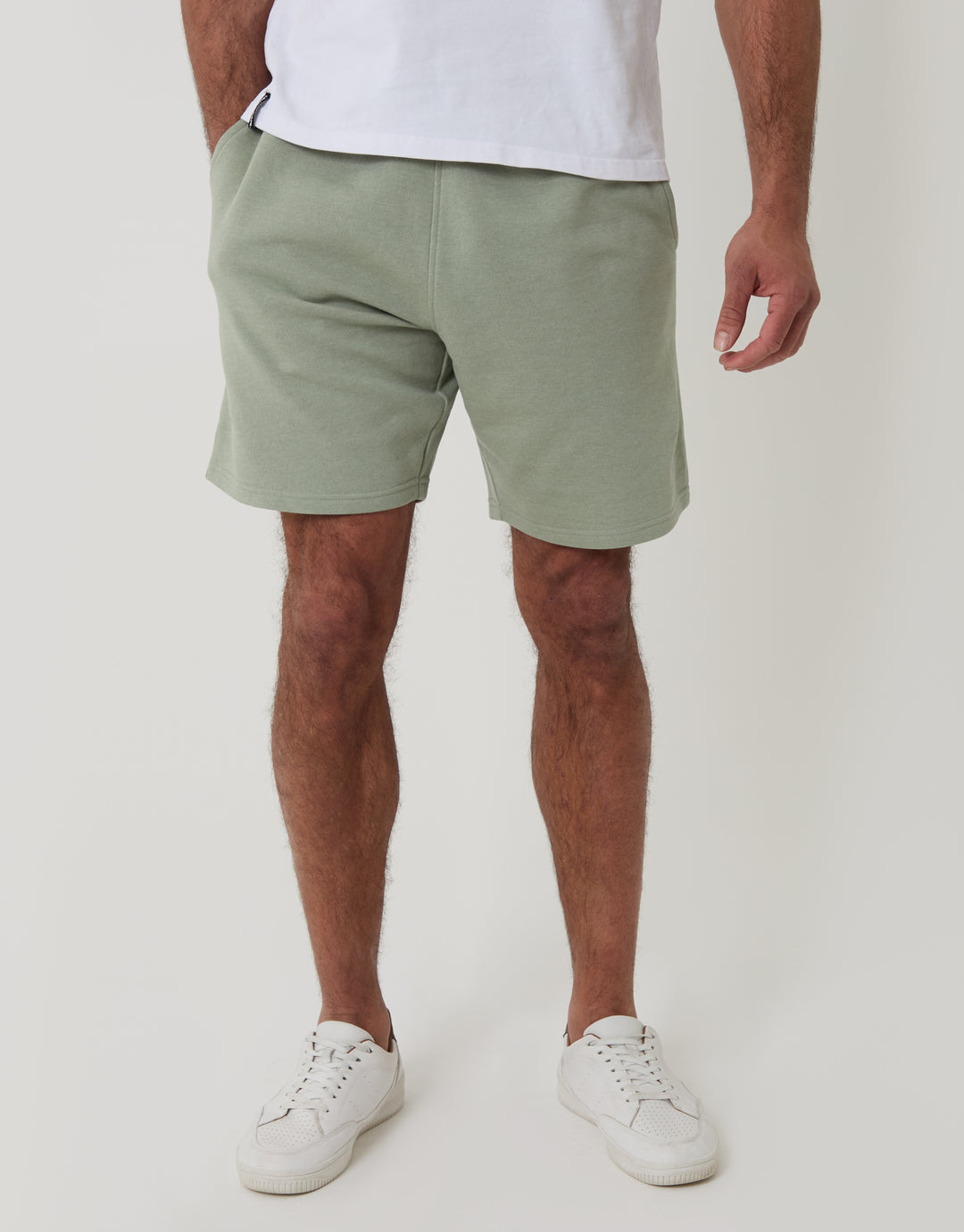 Threabare Sweat Shorts in Sage Green - Front View