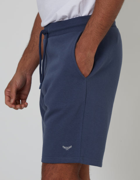 Threadbare Sweat Shorts in Denim Blue - side detail view