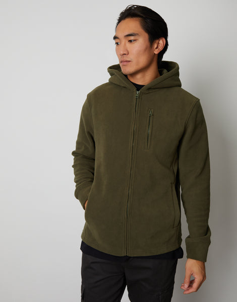 Men's Khaki Green Fitness Fleece Zip-Through Microfleece Hoodie ...