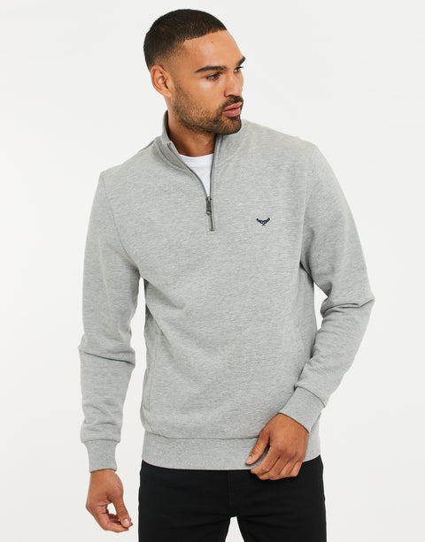 Threadbare Cotton Rich Quarter Zip Sweatshirt in Grey Marl - front view