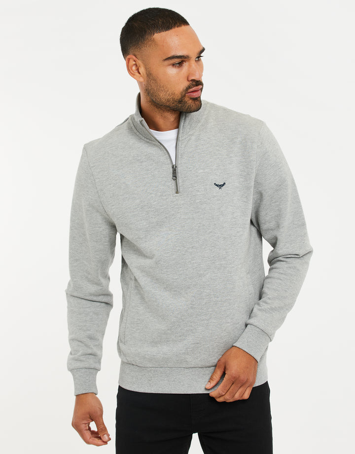 Threadbare Cotton Rich Quarter Zip Sweatshirt in Grey Marl - front view
