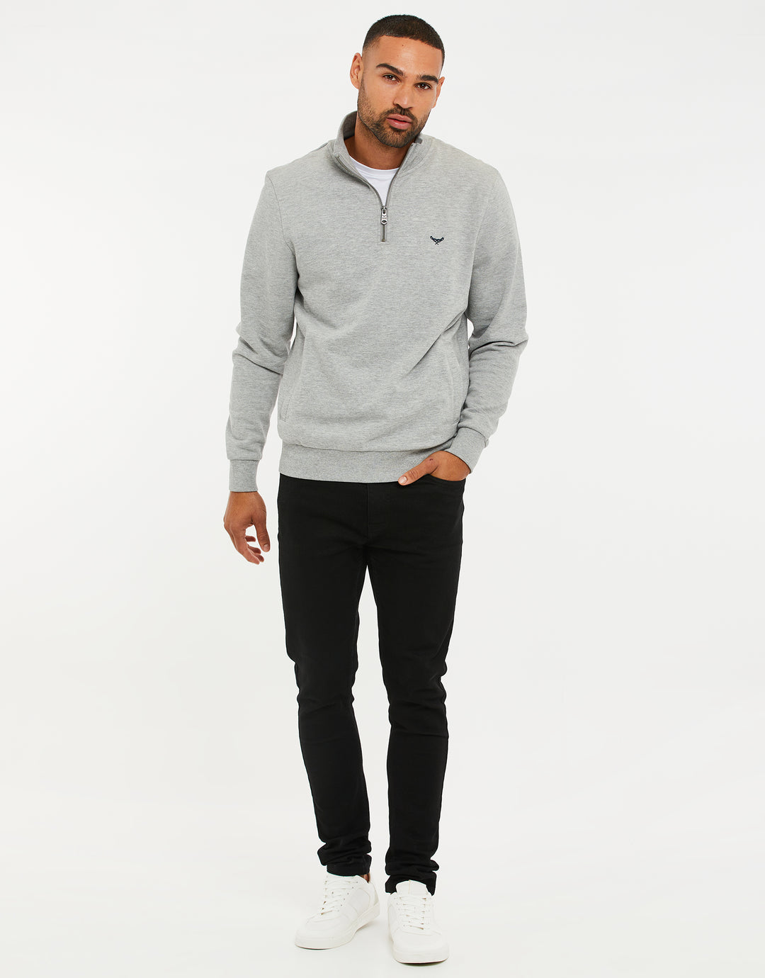 Threadbare Cotton Rich Quarter Zip Sweatshirt in Grey Marl - full outfit view