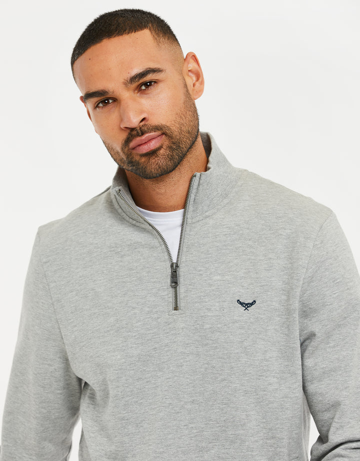 Threadbare Cotton Rich Quarter Zip Sweatshirt in Grey Marl - close up view
