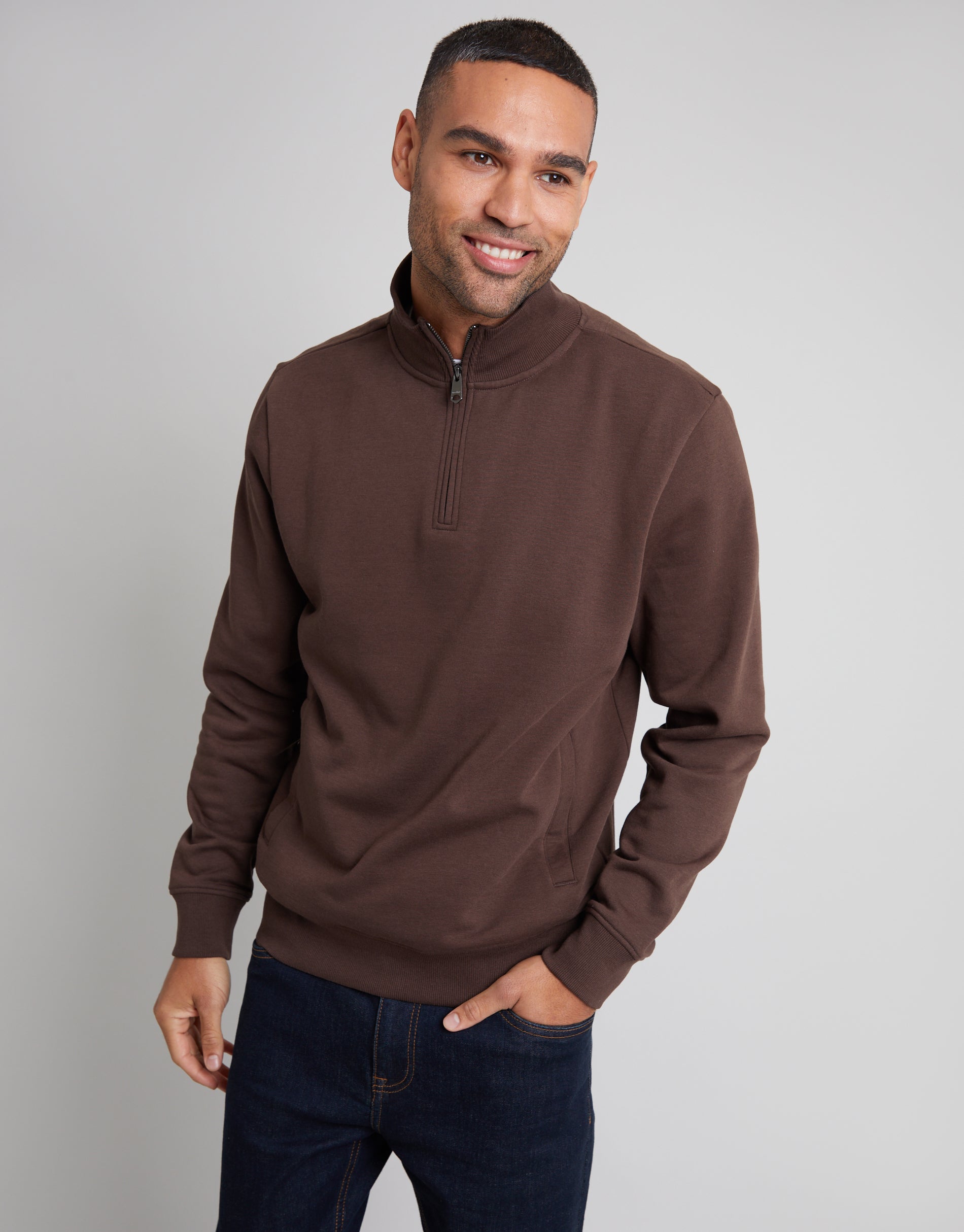Threadbare Men's Chocolate Brown Quarter Zip Funnel Neck Knitted
