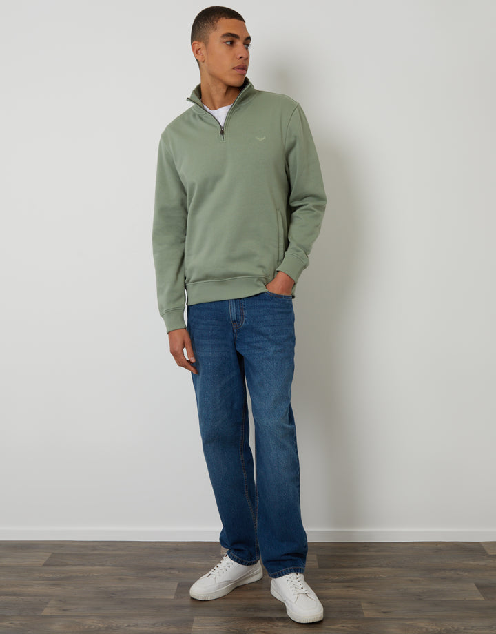 Threadbare Quarter Zip Sweatshirt in Green - full body