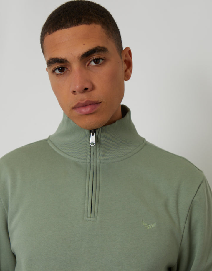 Threadbare Quarter Zip Sweatshirt in Green - front view close up