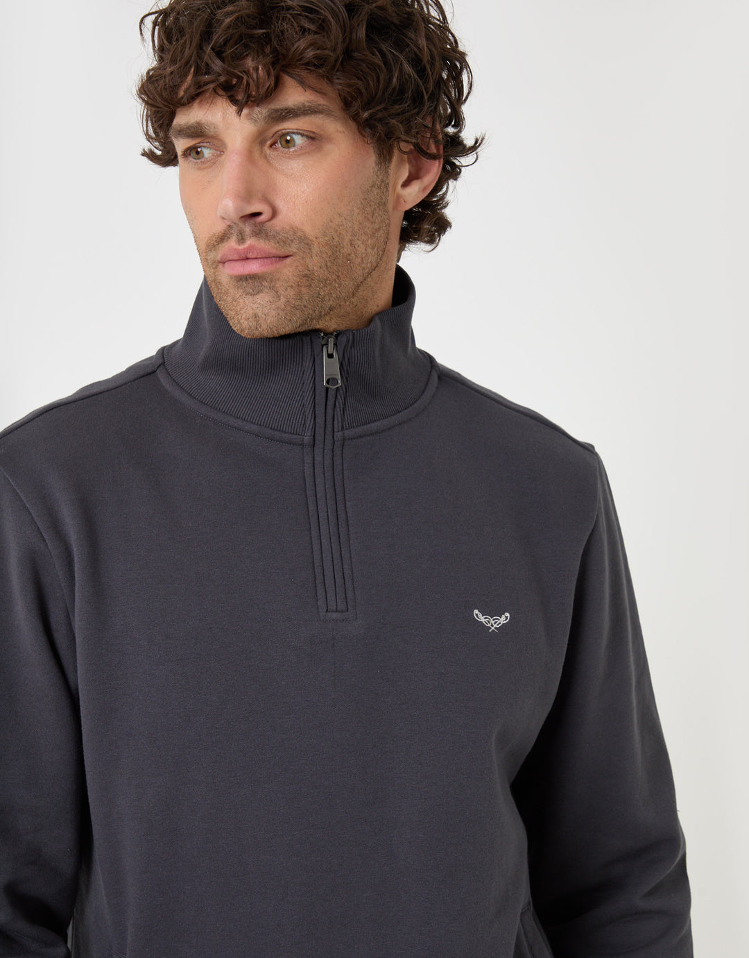 Threadbare Cotton Rich Quarter Zip Sweatshirt in Charcoal - close up