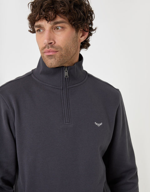 Threadbare Cotton Rich Quarter Zip Sweatshirt in Charcoal - close up