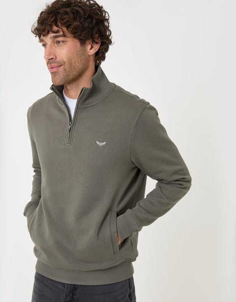 Threadbare Cotton Rich Quarter Zip Sweatshirt in Dark Sage - front view