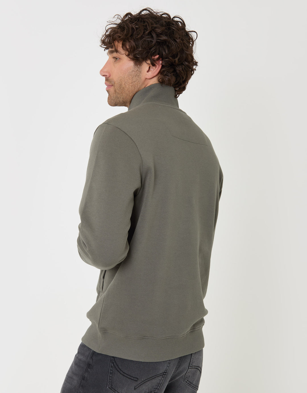 Threadbare Cotton Rich Quarter Zip Sweatshirt in Dark Sage - back view