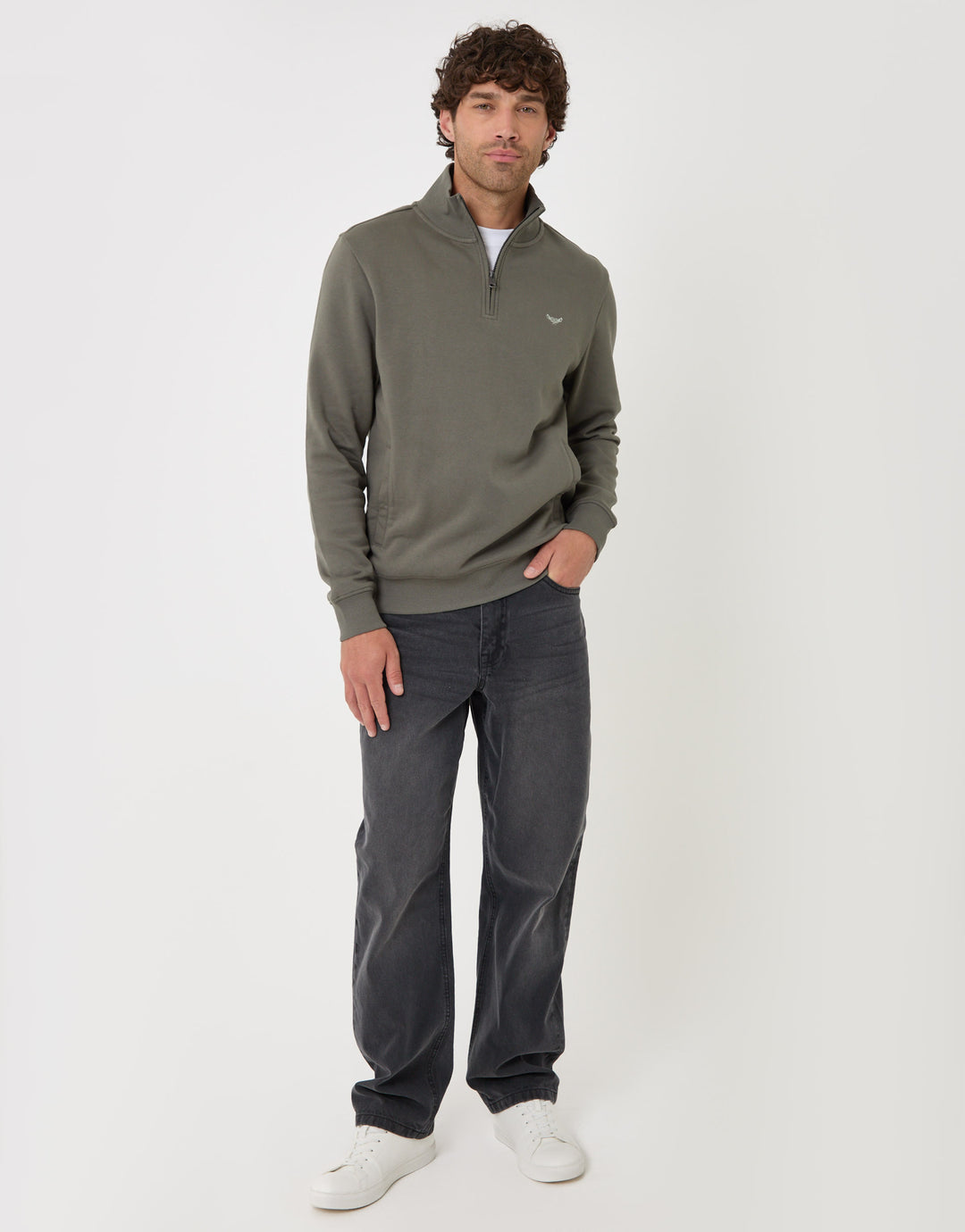 Threadbare Cotton Rich Quarter Zip Sweatshirt in Dark Sage - full body