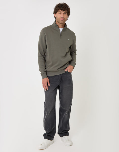 Threadbare Cotton Rich Quarter Zip Sweatshirt in Dark Sage - full body