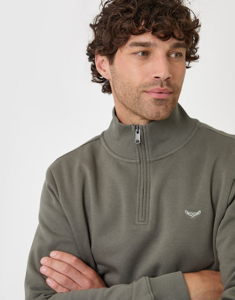Threadbare Cotton Rich Quarter Zip Sweatshirt in Dark Sage - close up