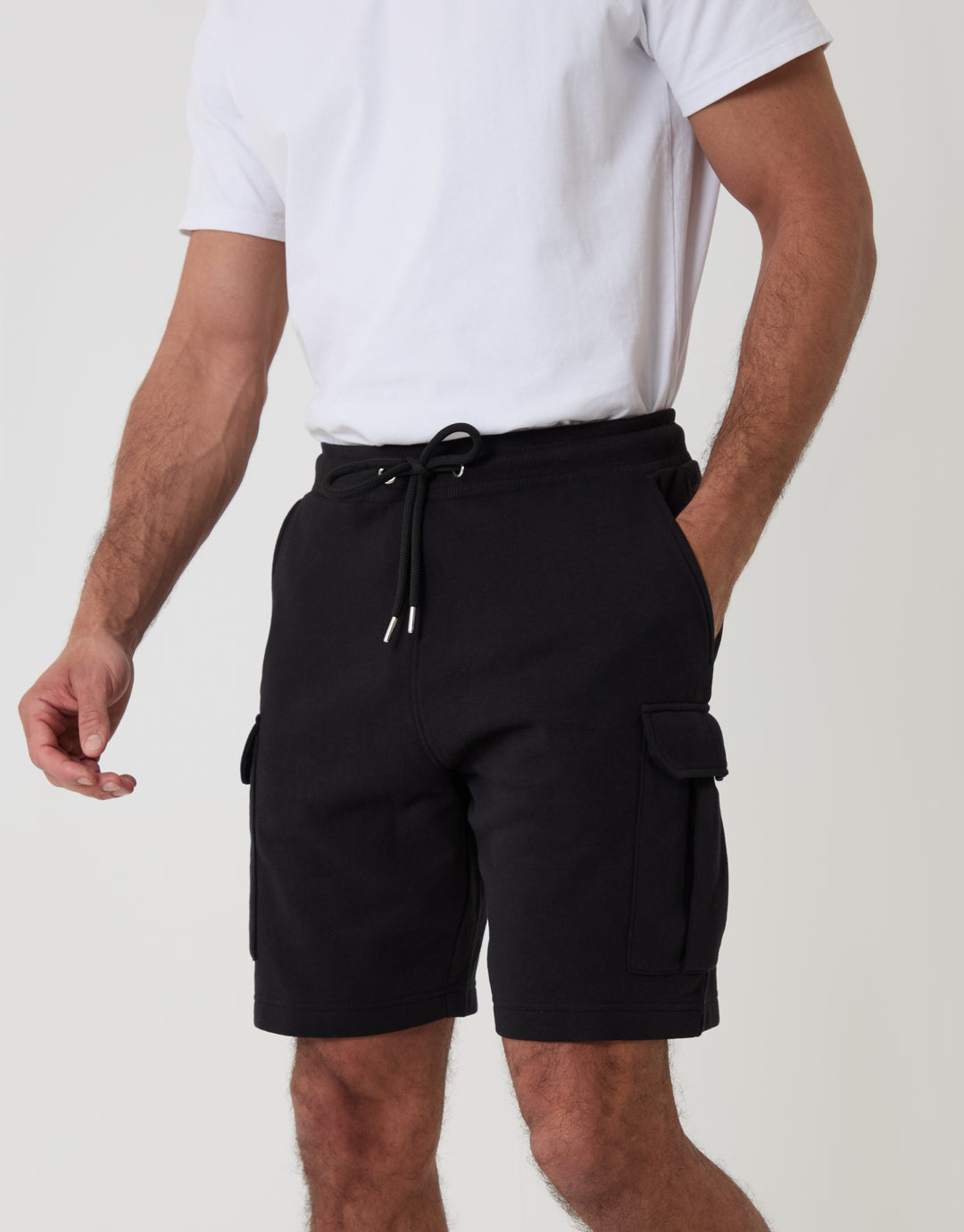Threadbare Cargo Fleece Shorts in Black - Front Close View