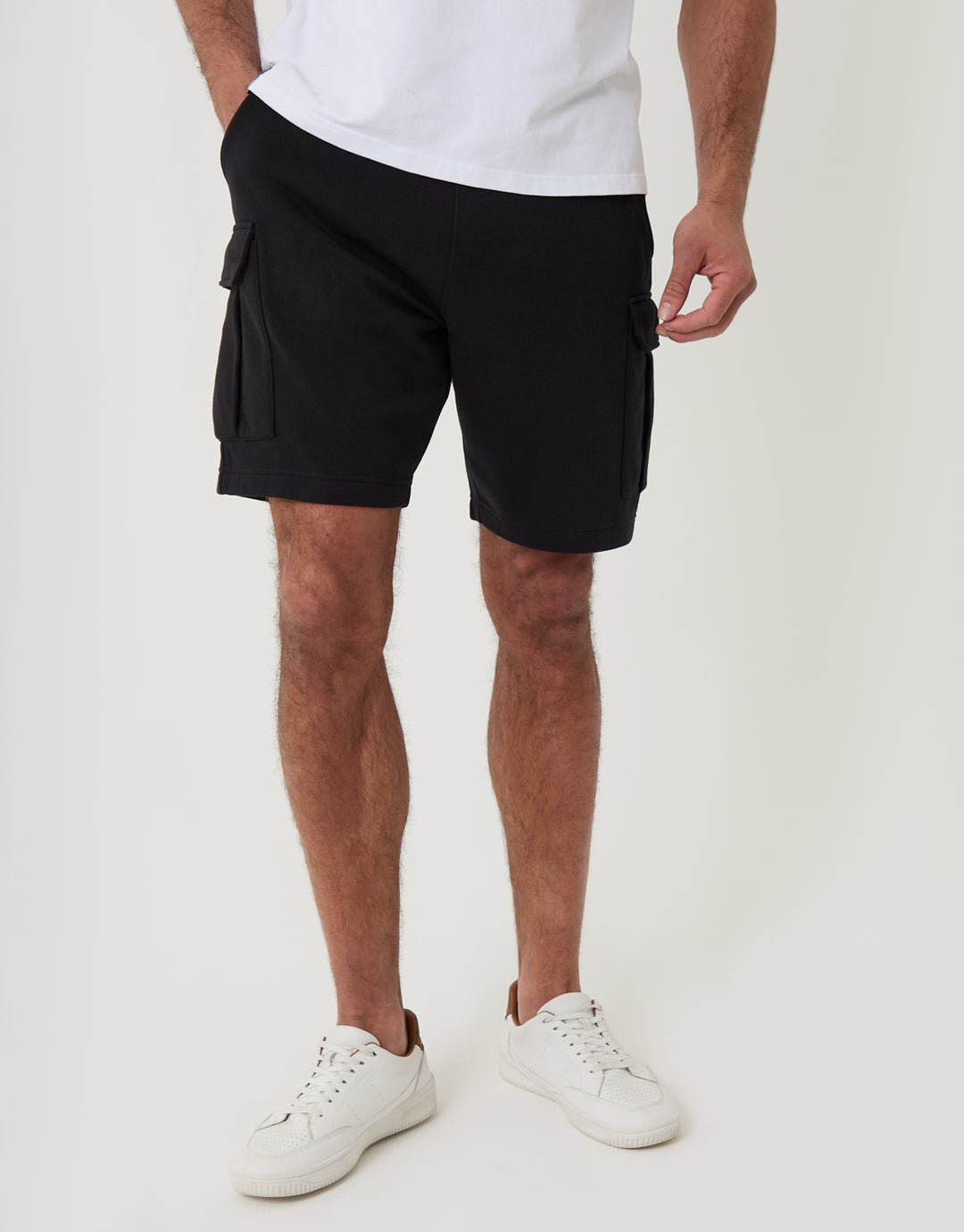 Threadbare Cargo Fleece Shorts in Black - Front View