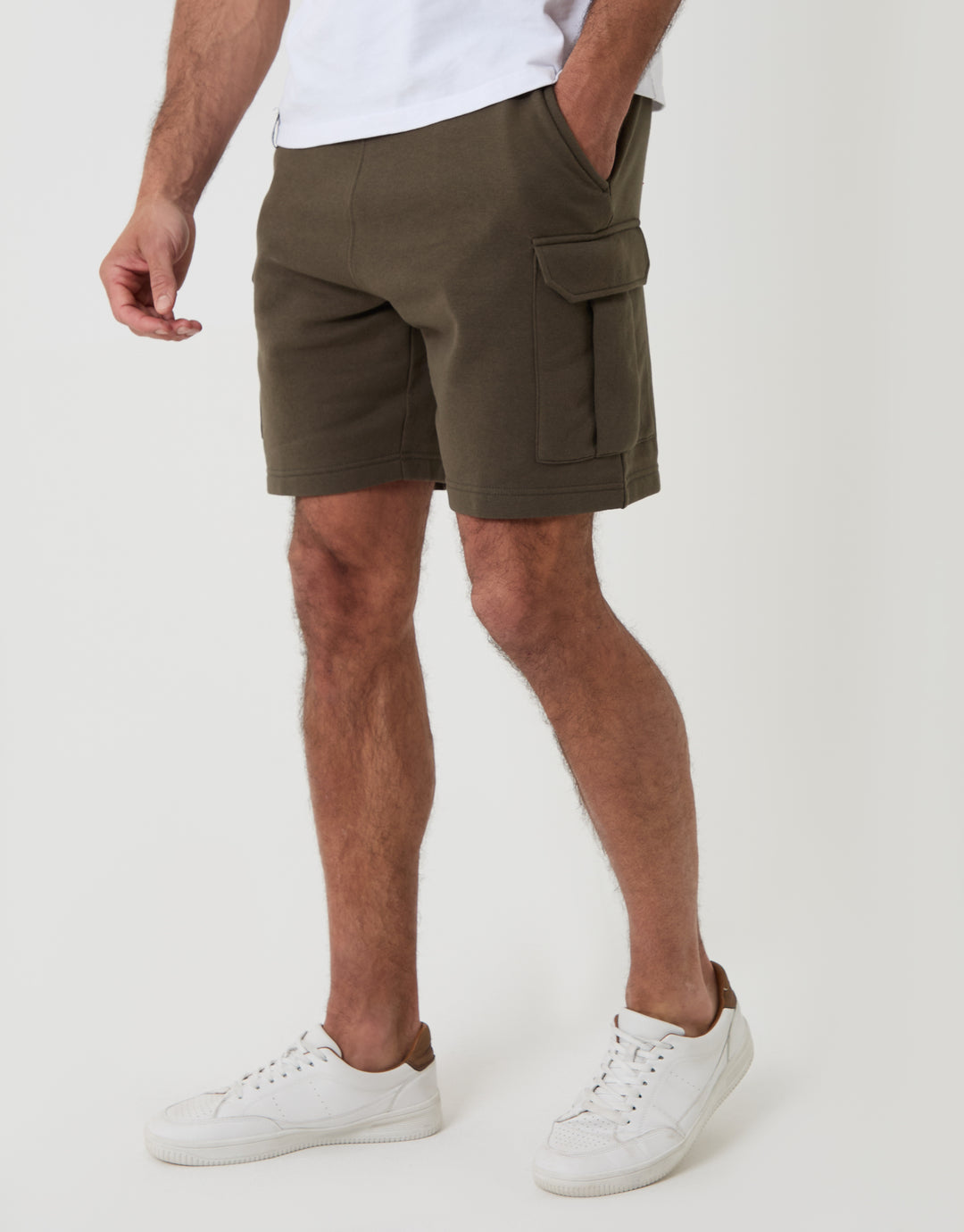 Threabare Cargo Fleece Shorts in Khaki Green - Front View
