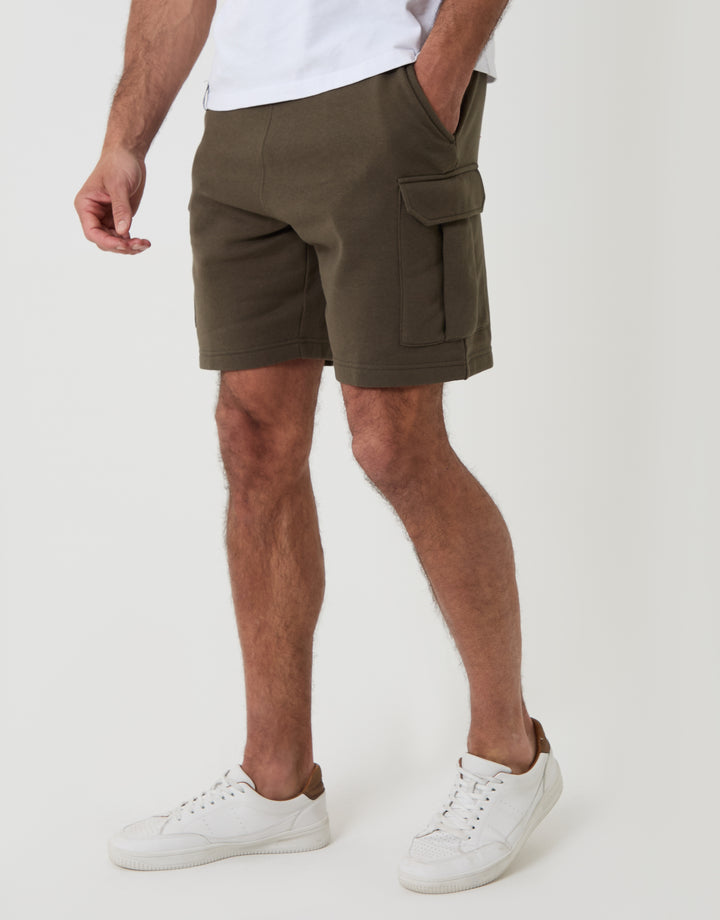 Threabare Cargo Fleece Shorts in Khaki Green - Front View