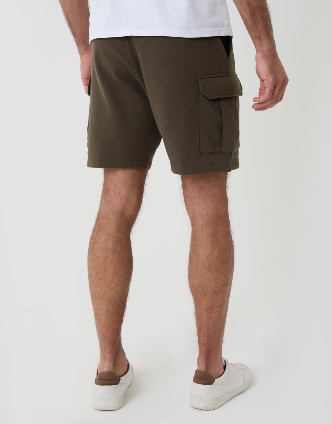 Threabare Cargo Fleece Shorts in Khaki Green - Back View