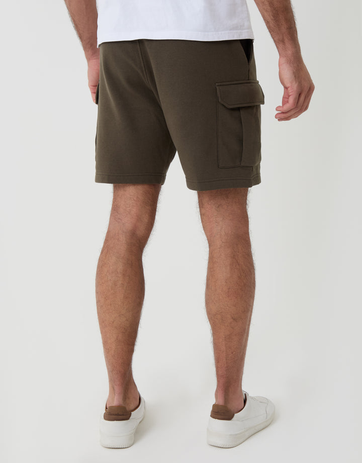 Threabare Cargo Fleece Shorts in Khaki Green - Back View