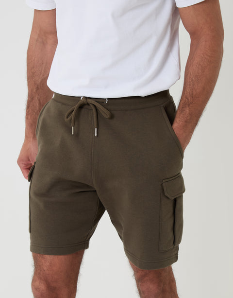 Threabare Cargo Fleece Shorts in Khaki Green - Front Close View