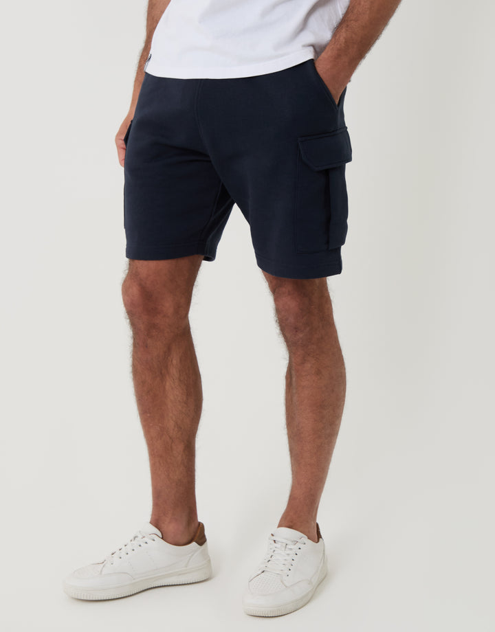 Threadbare Cargo Fleece Shorts in Navy - Front View