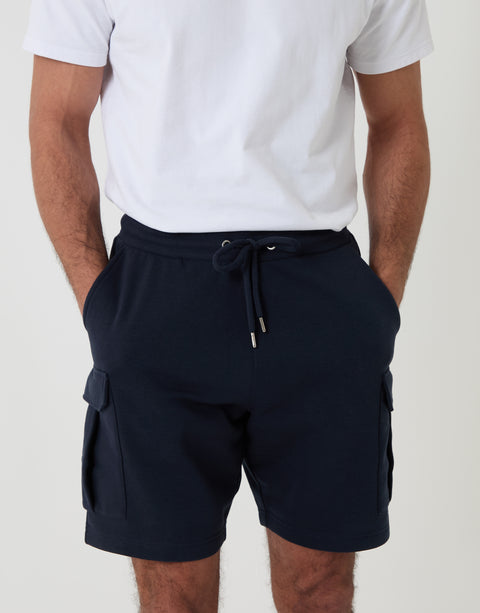 Threadbare Cargo Fleece Shorts in Navy - Front Close View