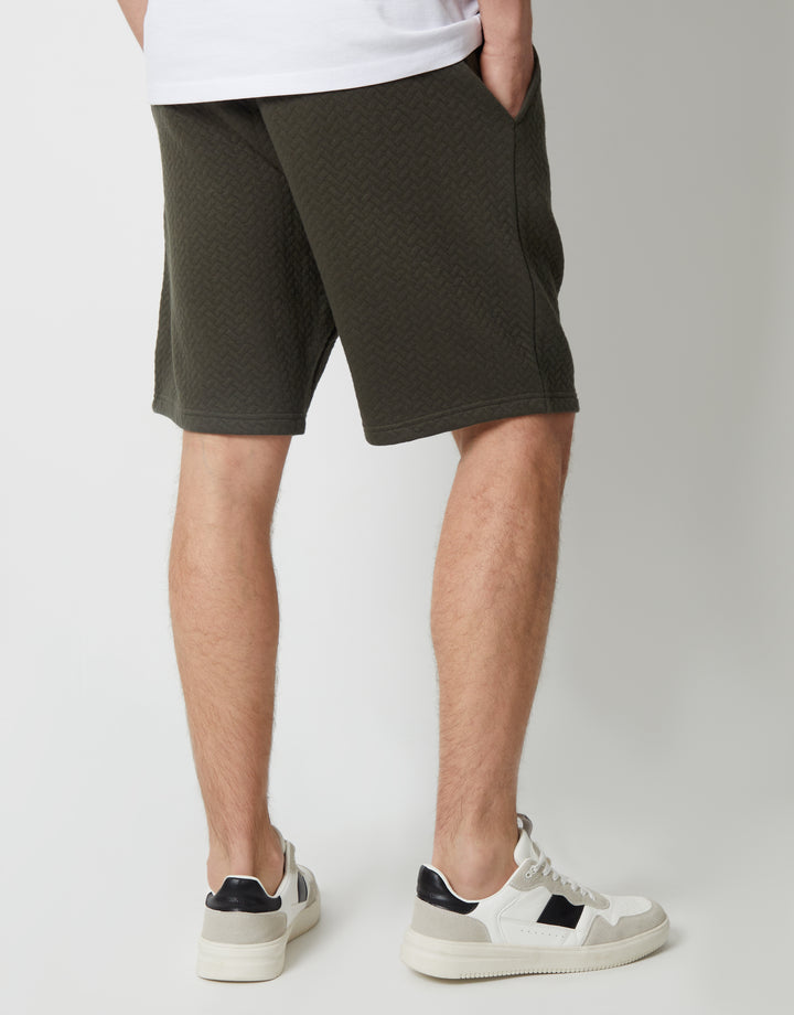 Khaki Green Textured Sweat Shorts