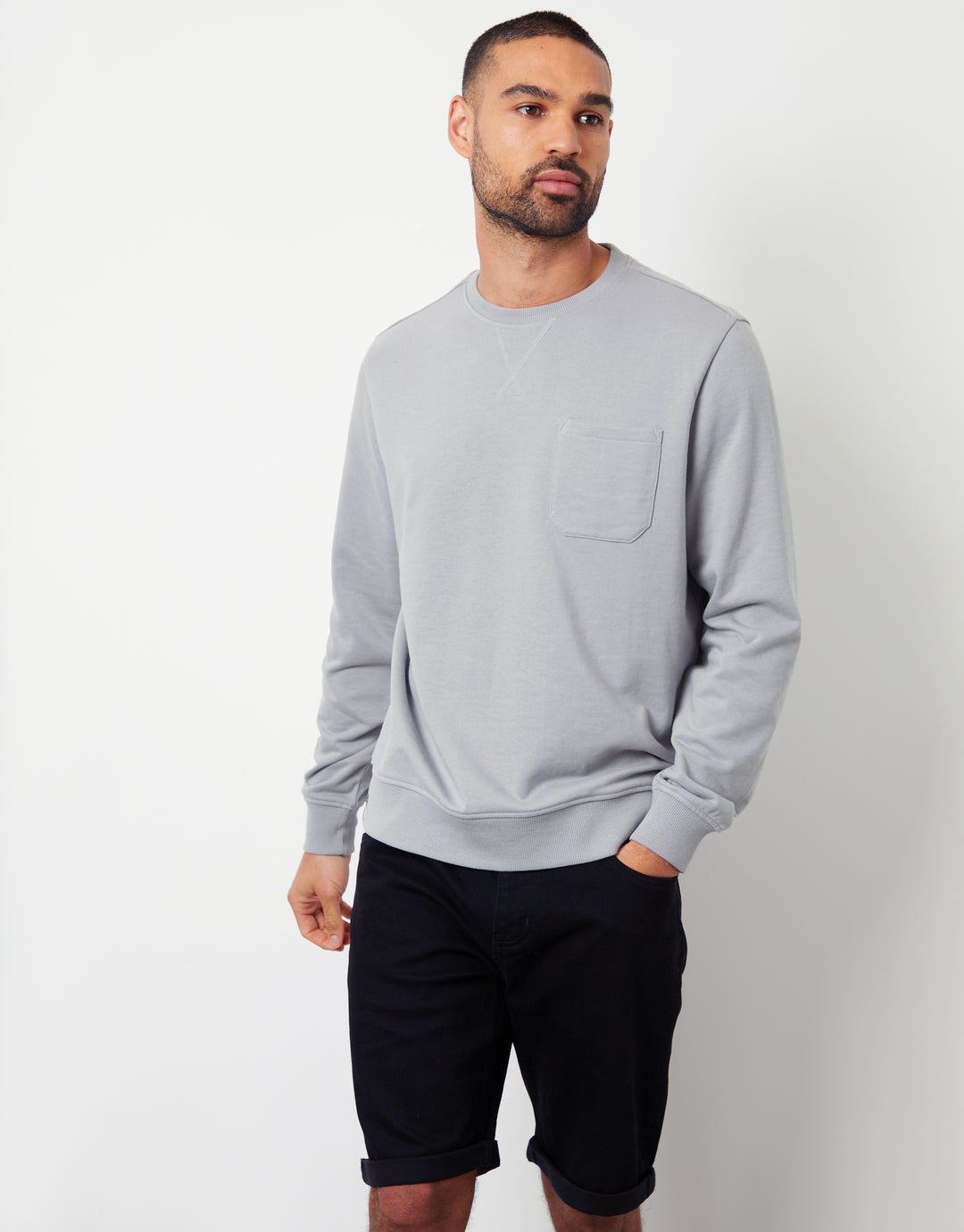 Grey Loopback Crew Neck Sweatshirt with Pocket