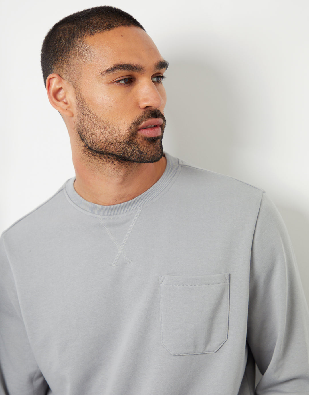 Grey Loopback Crew Neck Sweatshirt with Pocket