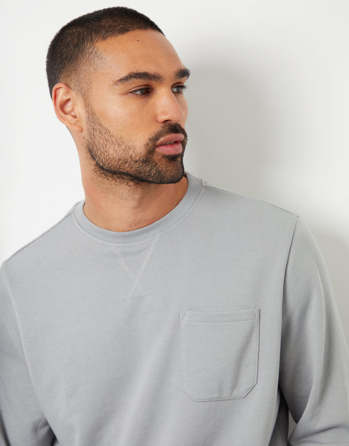 Grey Loopback Crew Neck Sweatshirt with Pocket
