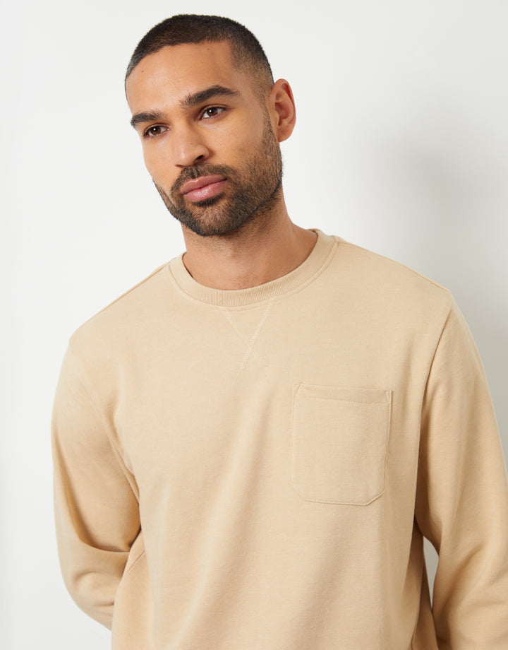 Stone Loopback Crew Neck Sweatshirt with Pocket