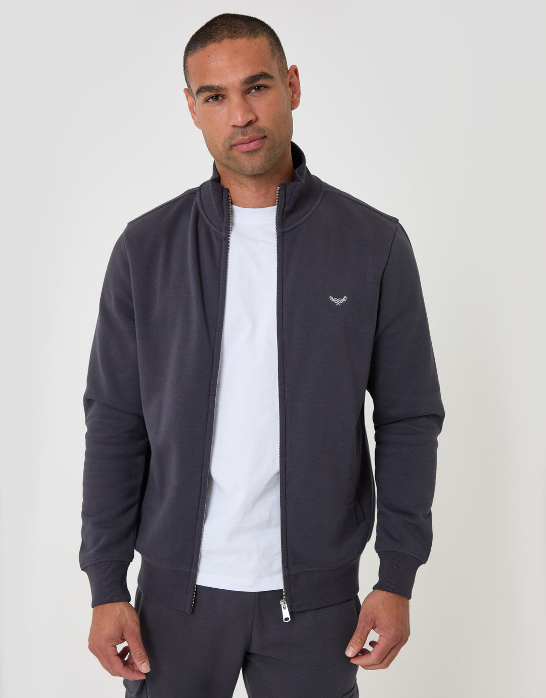 Threadbare Cotton Rich Funnel Neck Zip Through Sweatshirt in Charcoal - front view