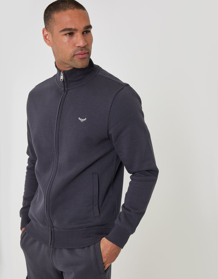 Threadbare Cotton Rich Funnel Neck Zip Through Sweatshirt in Charcoal - front view zipped