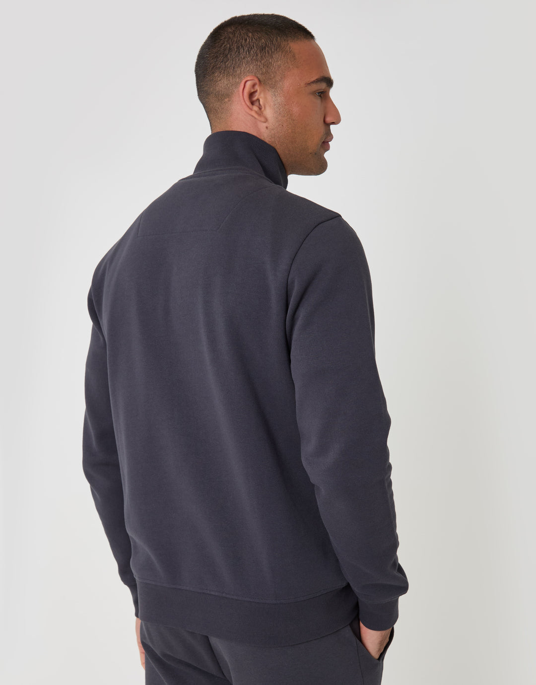 Threadbare Cotton Rich Funnel Neck Zip Through Sweatshirt in Charcoal - back view