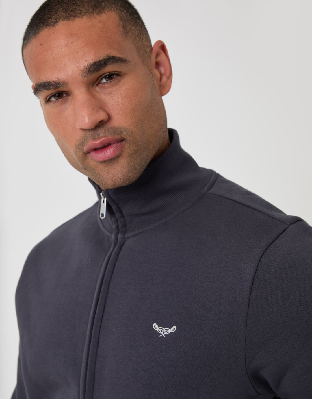 Threadbare Cotton Rich Funnel Neck Zip Through Sweatshirt in Charcoal - close up