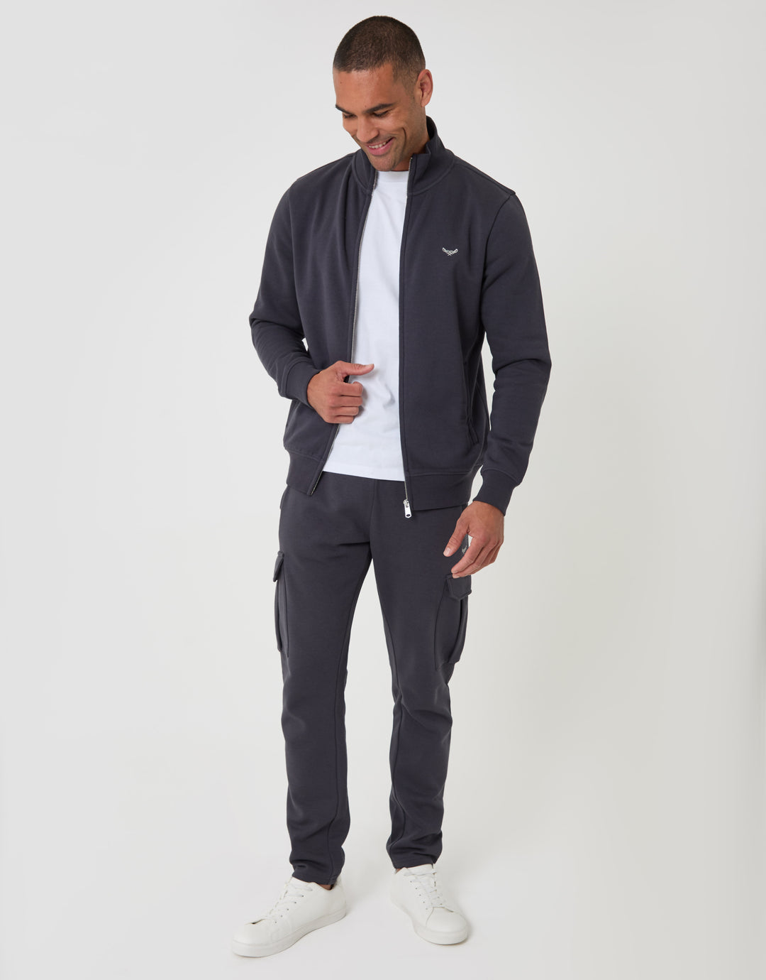 Threadbare Cotton Rich Funnel Neck Zip Through Sweatshirt in Charcoal - full body