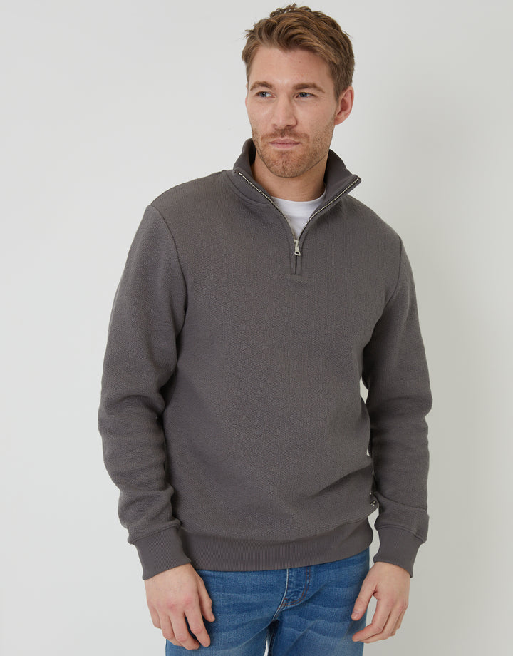 Slate Grey Jacquard Textured Quarter Zip Sweatshirt
