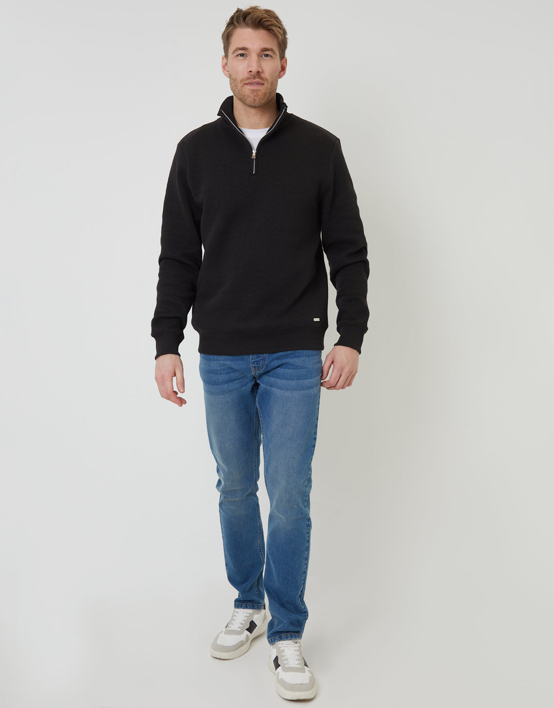 Black Jacquard Textured Quarter Zip Sweatshirt