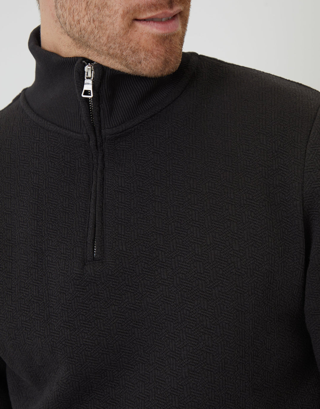 Black Jacquard Textured Quarter Zip Sweatshirt