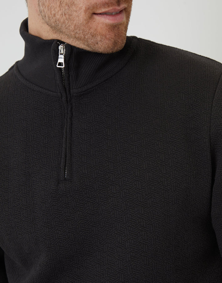 Black Jacquard Textured Quarter Zip Sweatshirt