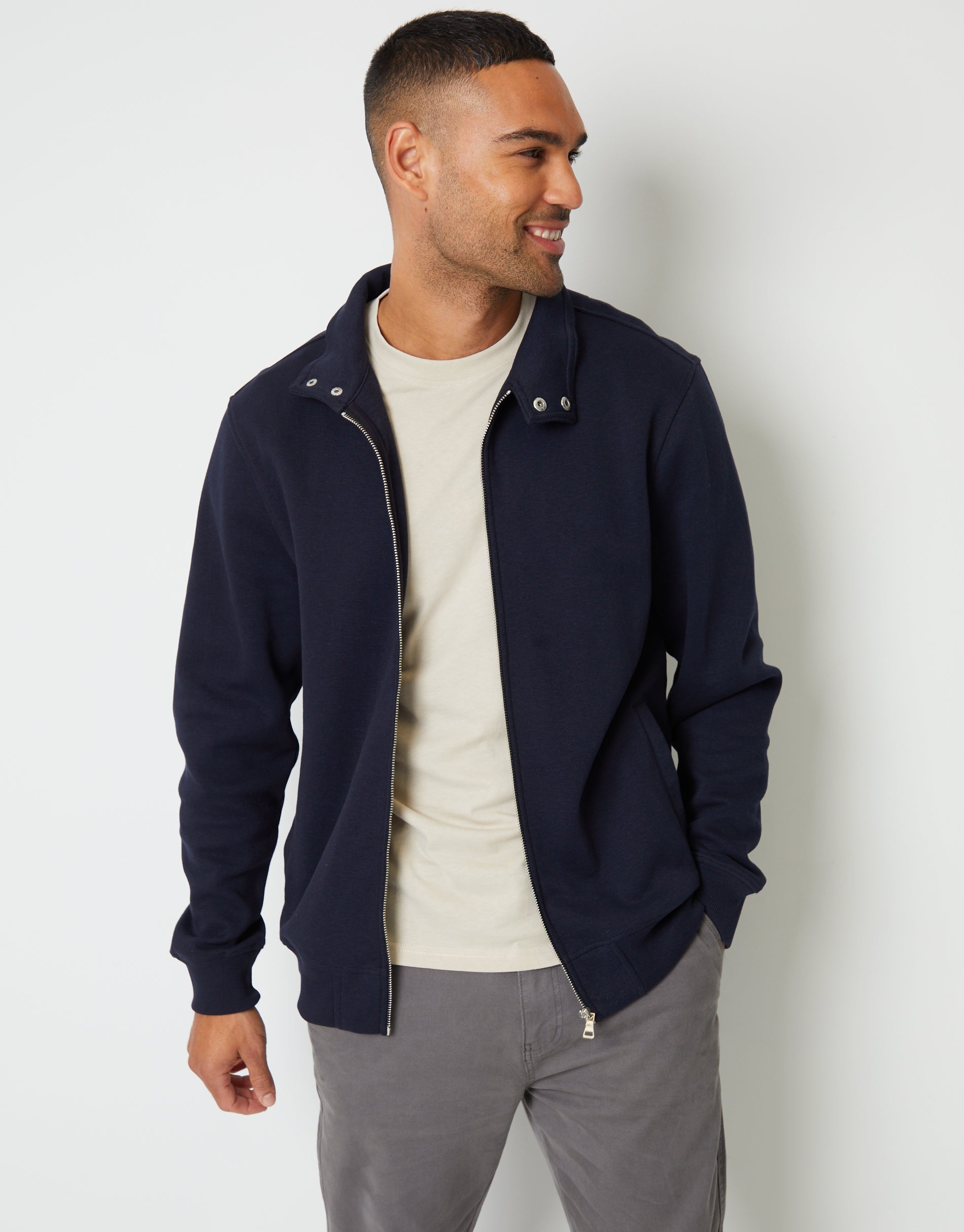 Threadbare Men's Navy Pique Zip Up Popper Collar Sweatshirt