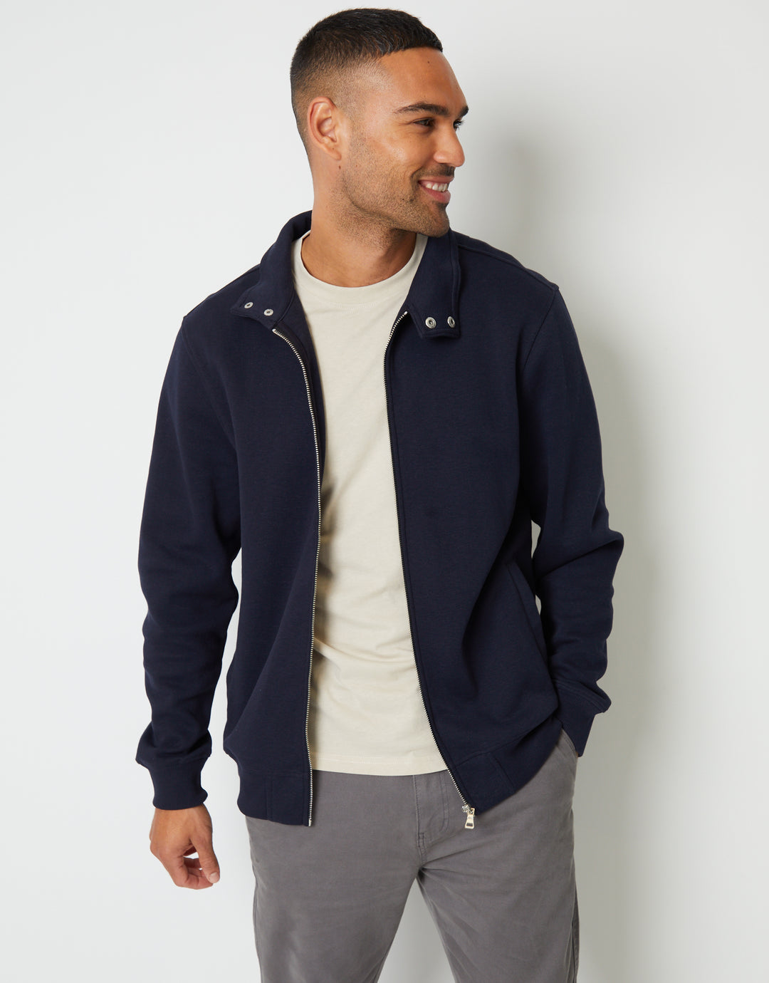 Navy Pique Zip Up Popper Collar Sweatshirt