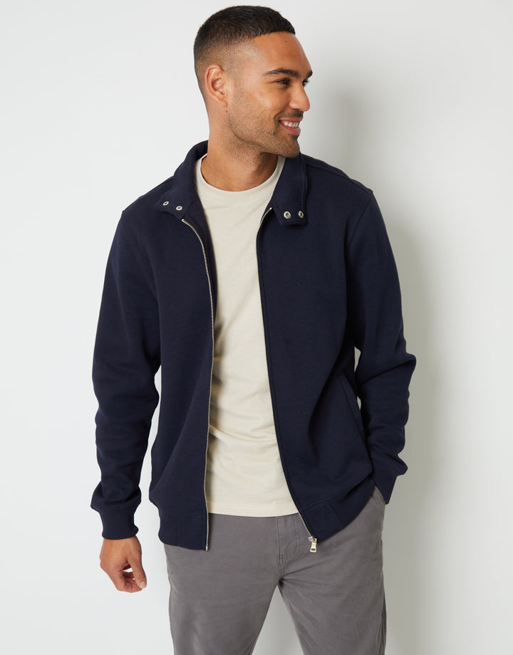 Navy Pique Zip Up Popper Collar Sweatshirt