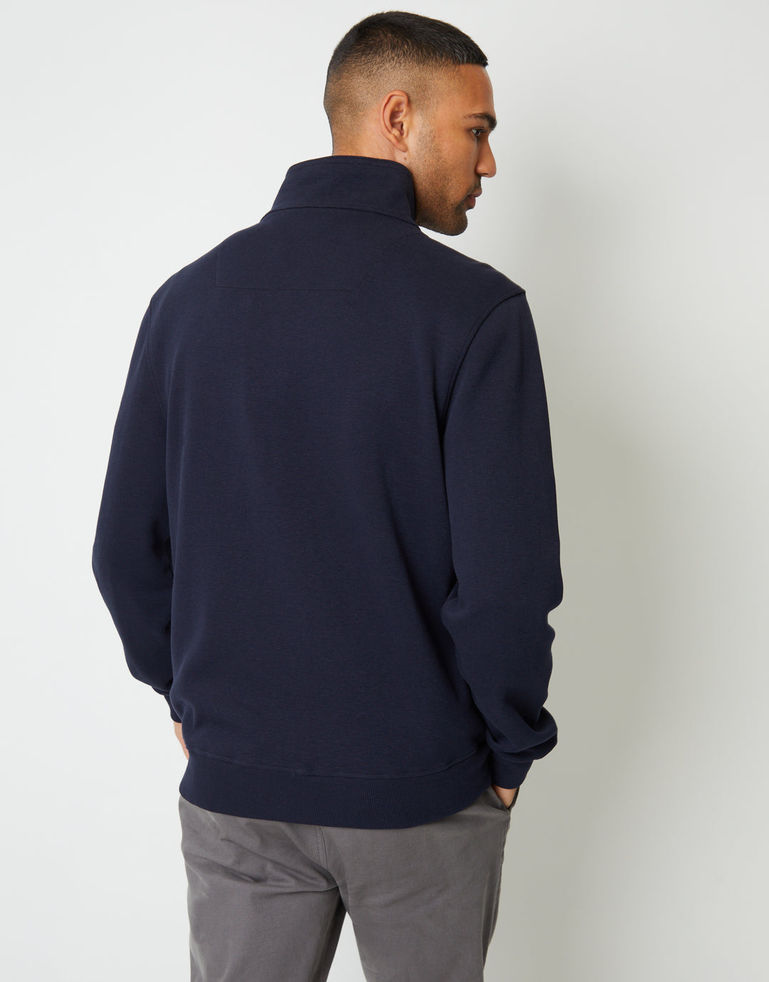 Navy Pique Zip Up Popper Collar Sweatshirt
