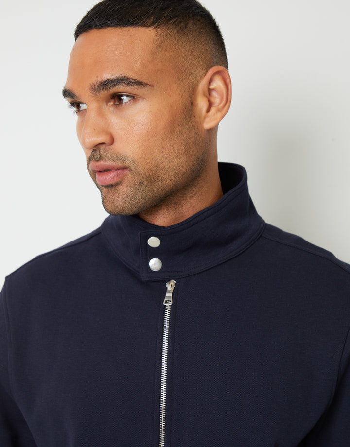 Navy Pique Zip Up Popper Collar Sweatshirt